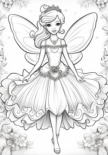 Barbie fairy coloring page, captivating chiaroscuro style