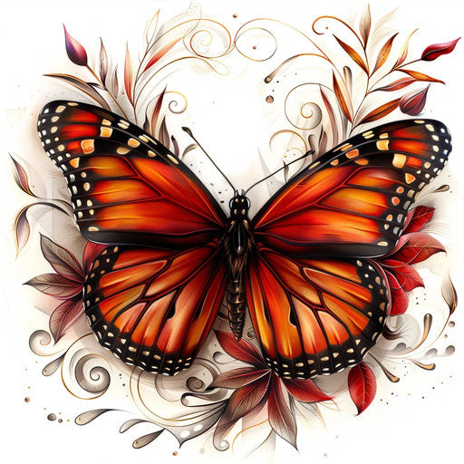 Neo-traditional monarch butterfly tattoo art, rich colors and decorative elements, showcased on white