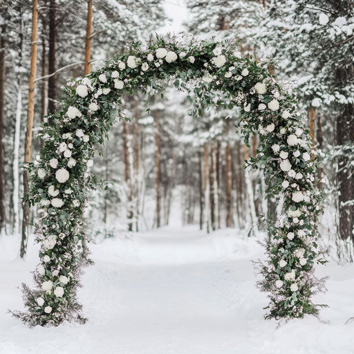 Wedding arch adorned with mistletoe and white winter flowers