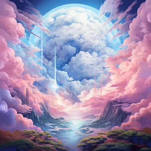 Whimsical sky pink, blue, white, vaporwave style, realistic light, cryptidcore, solarized angel, celestial retro