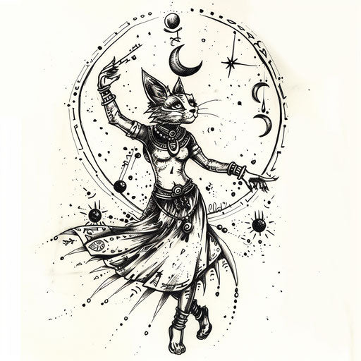 Whimsical flat tattoo sketch of Bastet dancing with celestial symbols
