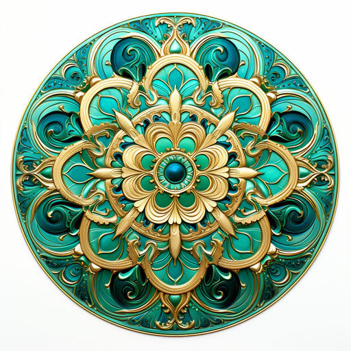 Green and gold ornate circle in light turquoise and dark emerald style, pen illustration, Thai art, embroidery, flower patterns, focus on joints/connections