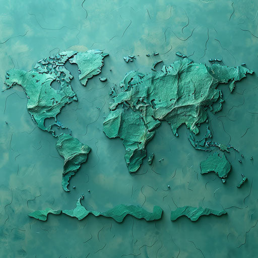 Realistic world map clipart with flat teal background, vibrant contrasts and detailed textures
