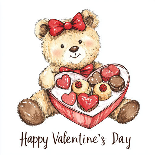 Adorable bear with red bow in heart-shaped chocolate box