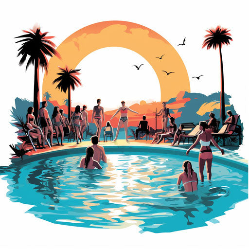 Pool party illustration in the style of Chiaroscuro Art, on white background