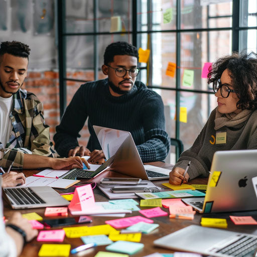 Diverse team of marketers planning campaign, colorful post-it notes and open laptops