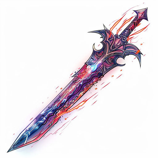 Stylized anime sword with intricate patterns and glowing effects, tattoo design concept on a white background