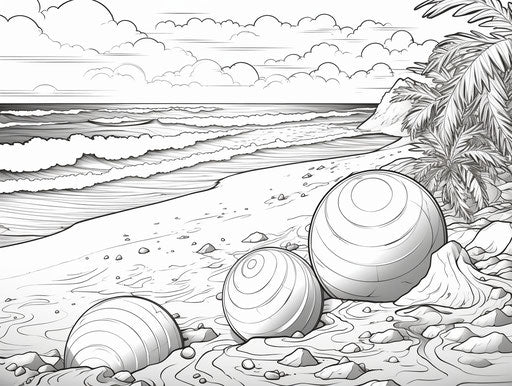 Beach game coloring page, in the style of crumpled, tondo, kurzgesagt 4:3