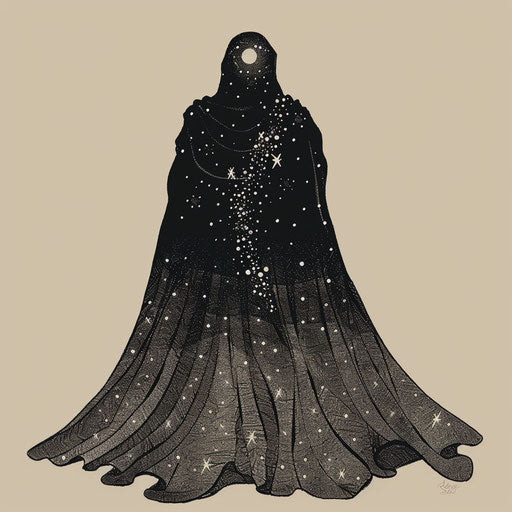 Flat tattoo sketch of a wizard's cloak covered in sparkling constellations