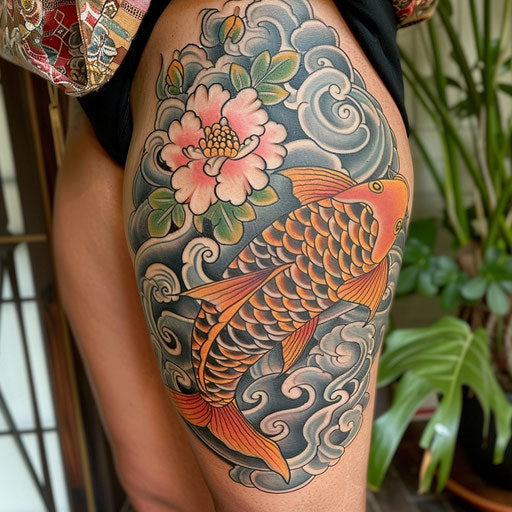 Japanese koi fish thigh tattoo in the style of Ami James