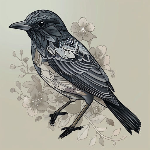 Elegant tattoo sketch of a blackbird with lace detail