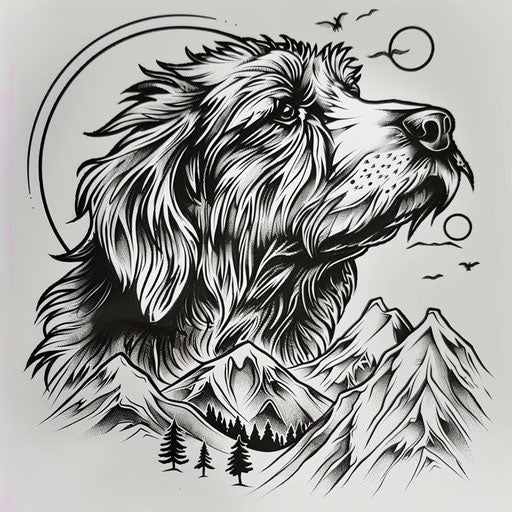Adventure-themed flat tattoo sketch for a dog outline tattoo with an exploring Bearded Collie and mountain range
