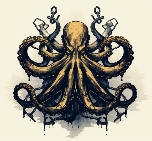 Octopus and anchor in heavy inking style with streamlined design