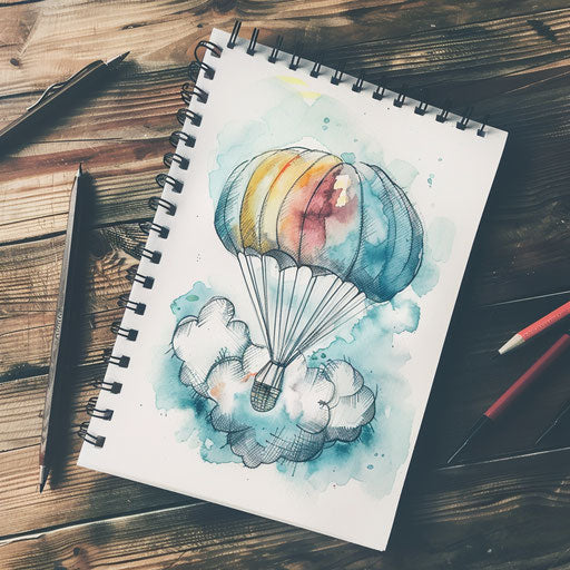 Watercolor sketch of a parachute and clouds, freedom and adventure, on a white sheet for a tattoo design