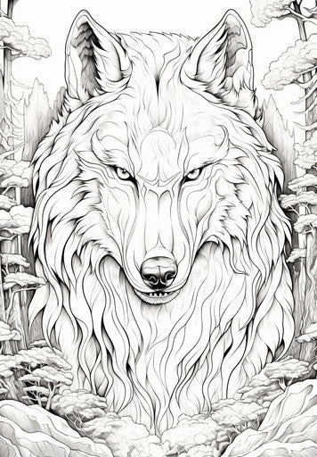 Wolf in the woods coloring pages free digital, futuristic realism style