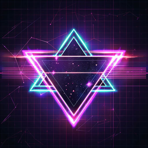 Retro logo with 80s-inspired design and neon colors against dark grid