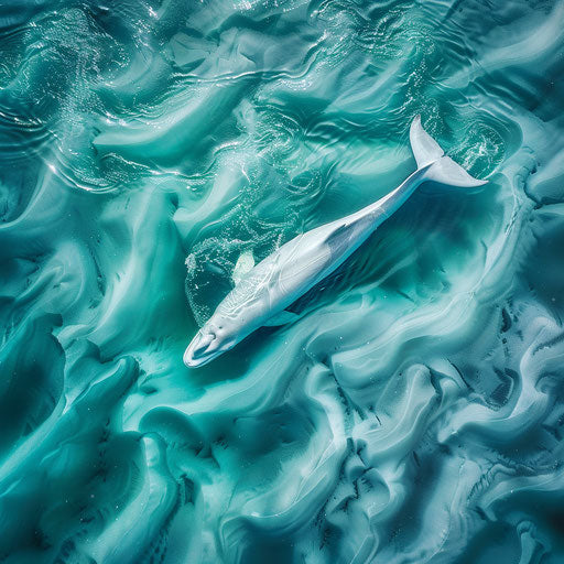 White whale swimming with a group in turquoise waters