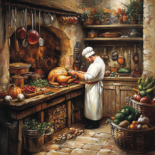 Chef stuffing turkey with herbs in rustic kitchen