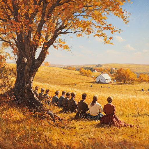 Scene of settlers praying on quiet autumn morning in golden fields