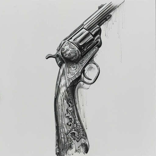 Hyper-realistic tattoo sketch of a shotgun on white