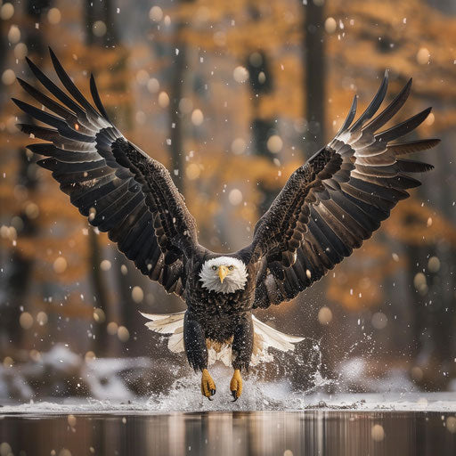 Bald eagle diving towards the water, intense action