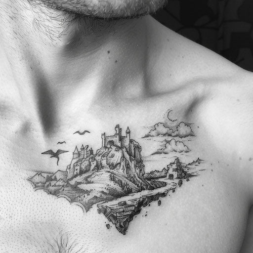 Epic collarbone tattoo narrating a mythological journey