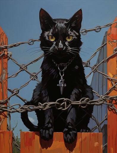 Black cat on chain link fence in house, in derppunk style