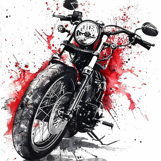 Punk rock inspired motorcycle tattoo design, gritty textures and splash of red, on white background