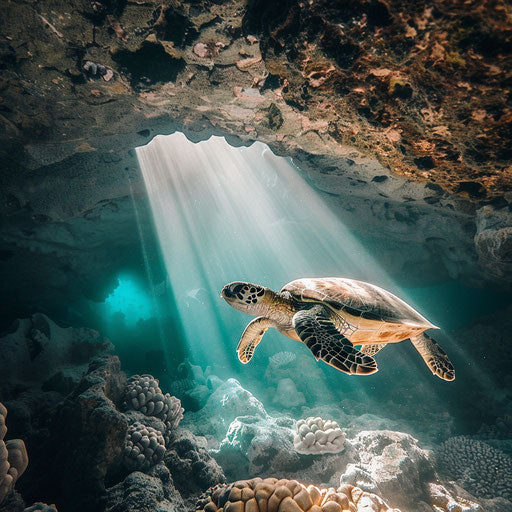 Sea turtle swimming in underwater cave