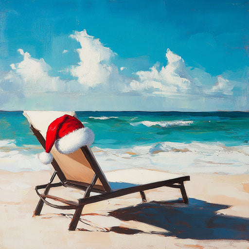 Santa hat on a sun lounger on a sandy beach scene