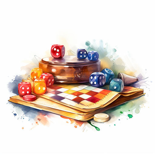 Board games clipart in the style of Impressionistic Art, on a white background