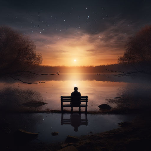 Bench at sunset on the shore, andy fairhurst style, emotional sensitivity