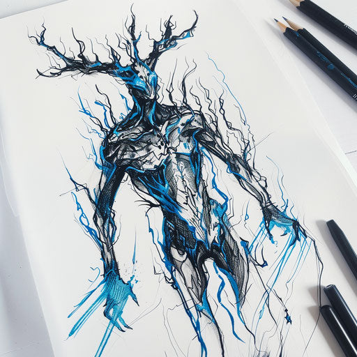 Flat tattoo sketch of a Wendigo with bold, icy blue highlights