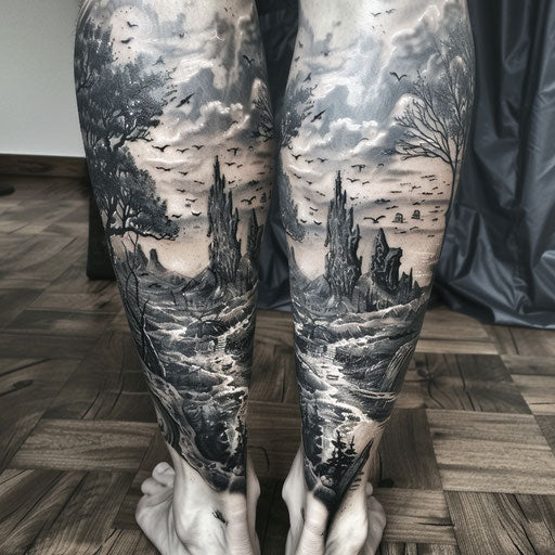 Surreal leg landscape tattoo in the style of J.P. Targete