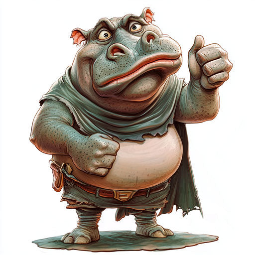 Humorous caricature of a hippo with human characteristics