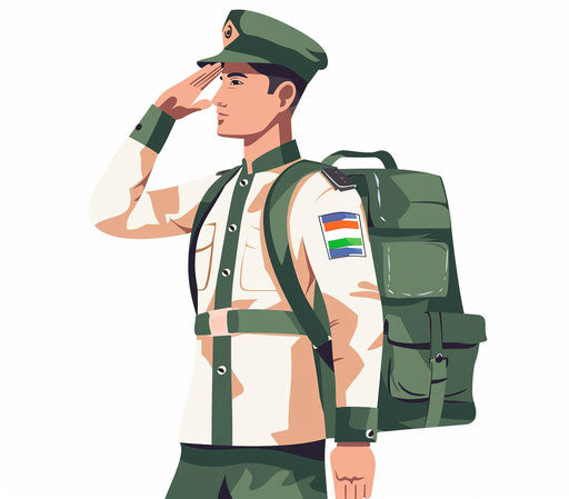 Indian soldier in green and white uniform with shoulder bag