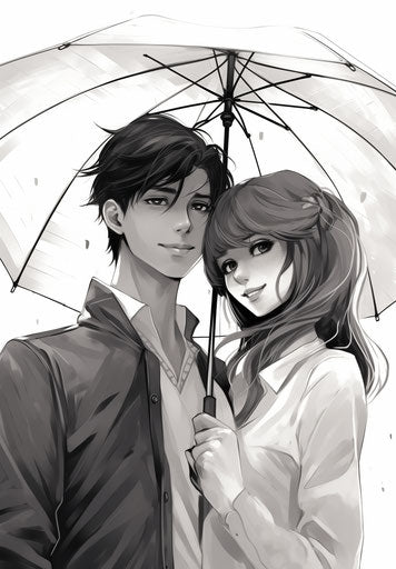 A man and a woman with an umbrella, bold manga lines