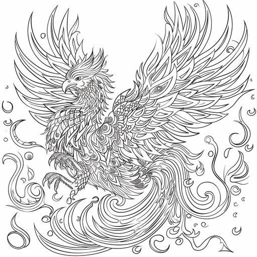 A majestic phoenix rising from its ashes with elaborate feathers. Coloring book page