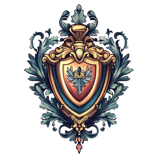 Royal tattoo with heraldic shield and ornate borders