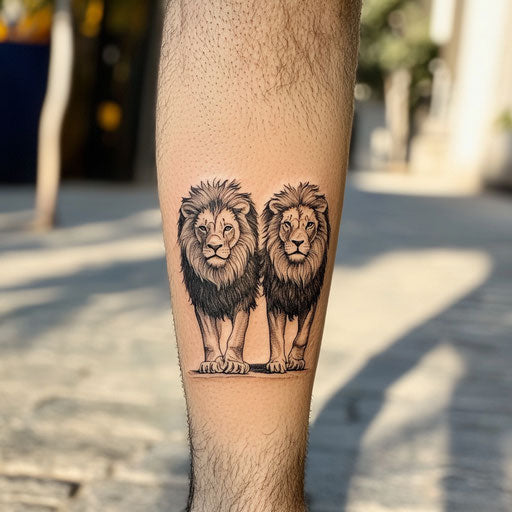 Two lions standing side by side, father son tattoos