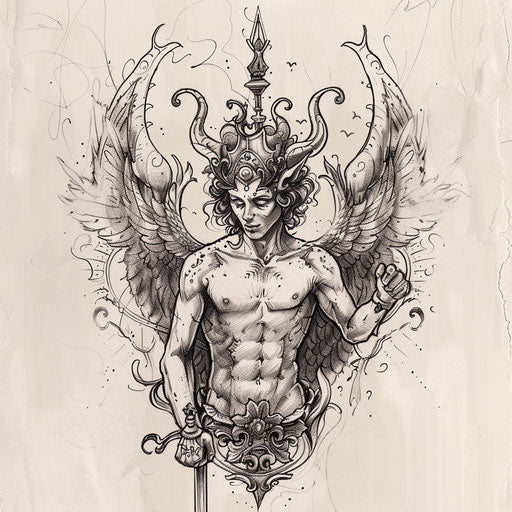 Elegant sketch of Lucifer with ornate crown and scepter