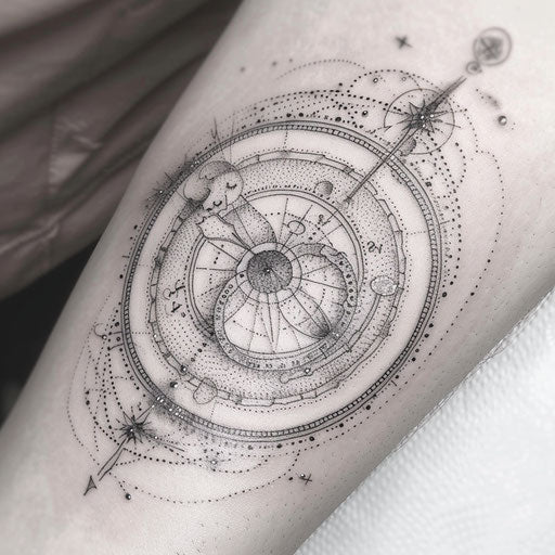 Pirate's astrolabe surrounded by stars in dotwork tattoo