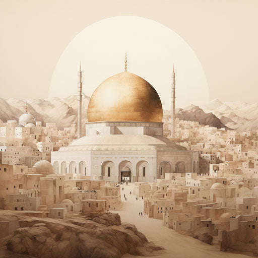 Dome of the Mahkam Mina in Saudi Arabia, minimalist cityscapes, light white and gold terraces