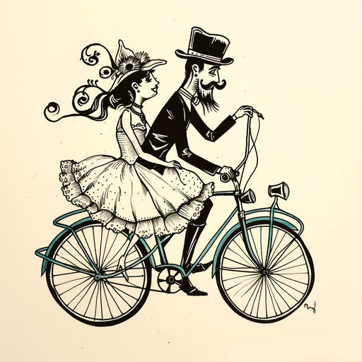 Whimsical flat tattoo sketch of a bride and groom riding a vintage bicycle