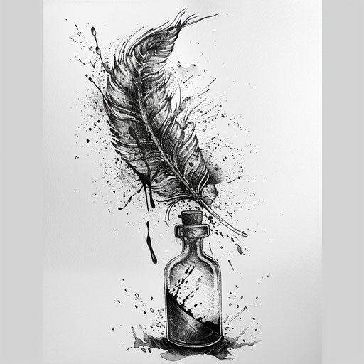 Feather and ink, tattoo symbolizing writing on white background