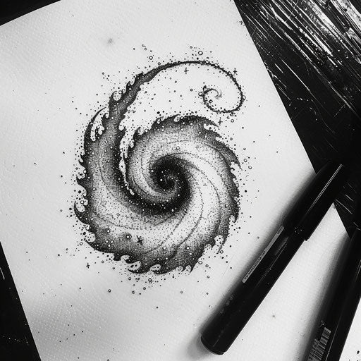 Dynamic flat tattoo sketch of a swirling galaxy design using only dots