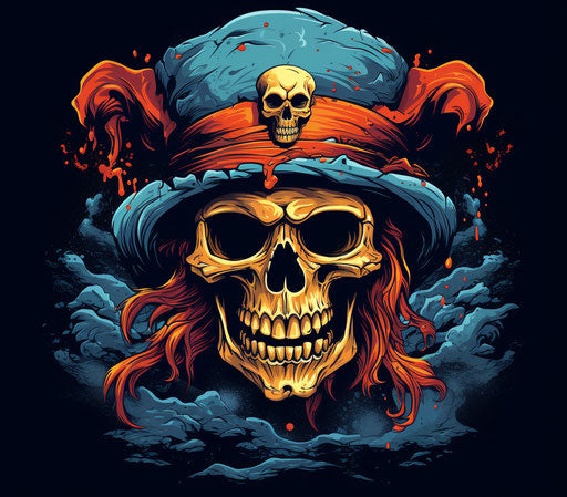 Skull with a pirate hat, Russell Dauterman-style, pop-culture-infused 76:67