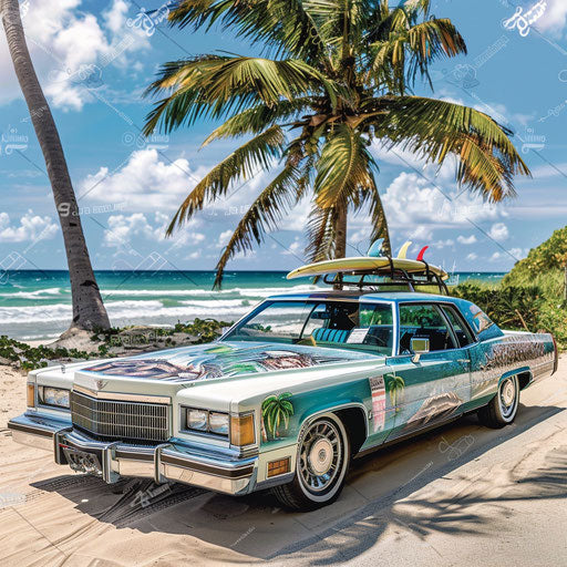 Surf-inspired Cadillac on a sunny beach.