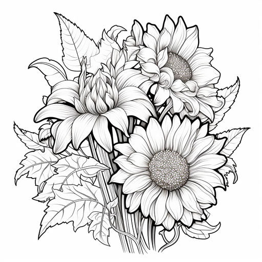 Sunflowers coloring pages, intricate and bizarre illustrations