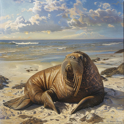 A walrus sunbathing on a sunny beach